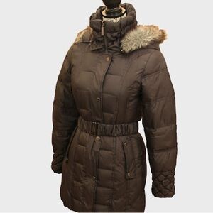 Betsey Johnson Quilted Down Jacket with Fur Trim